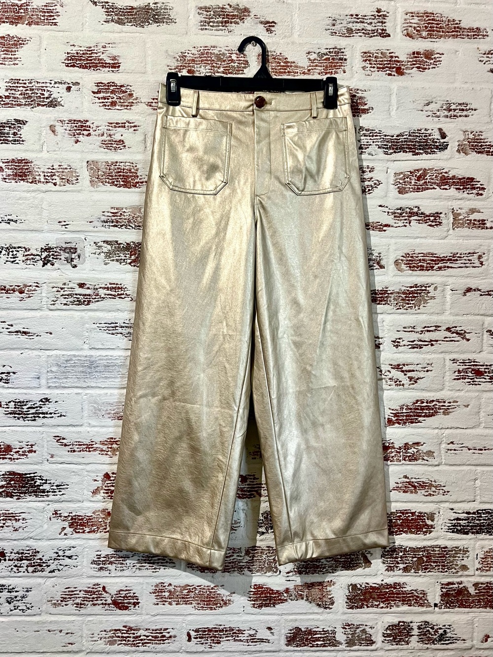 Cece Metallic Gold Wide-Leg Faux Leather Pants M